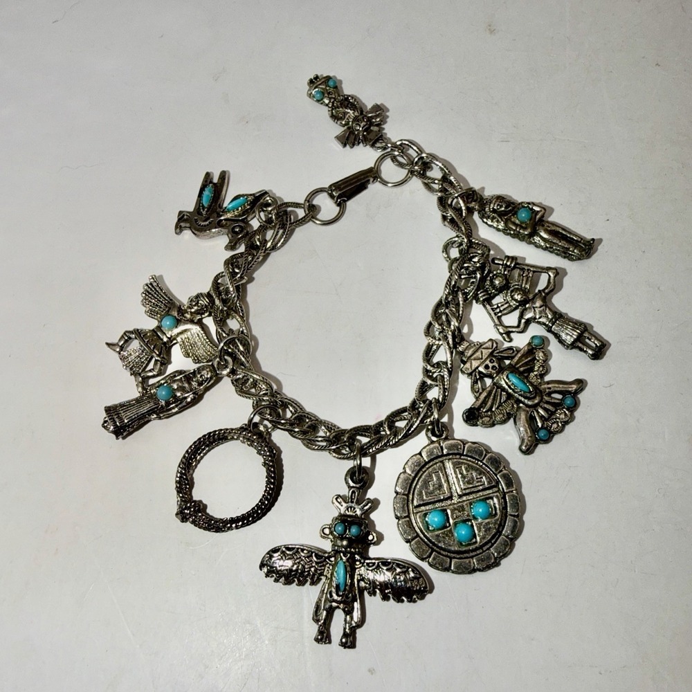 Native American Themed Charm Bracelet  7" Long 10 Charms Faux Turquoise